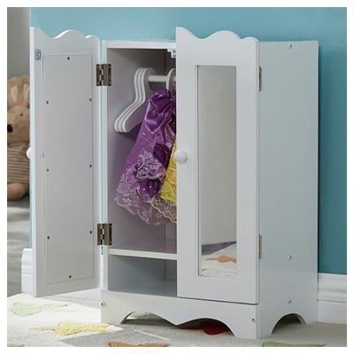 Angel Sar Wooden Doll Closet with Mirror, 6 Hanger Doll Wardrobe for 18" Dolls, White Doll Clothes Storage for Kids Aged 3+