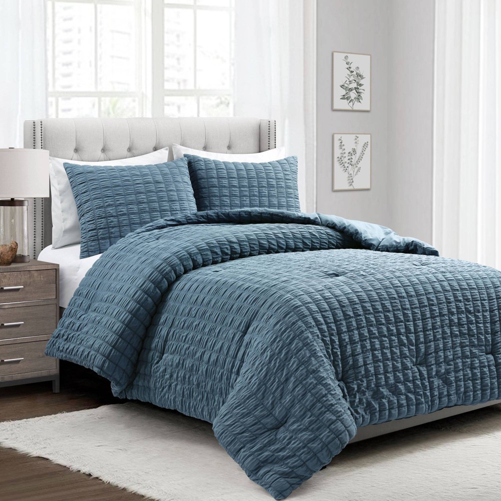 Photos - Bed Linen 3pc King Crinkle Textured Dobby Comforter & Sham Set Blue - Lush Décor: Midweight Microfiber Bedding, Contemporary Style