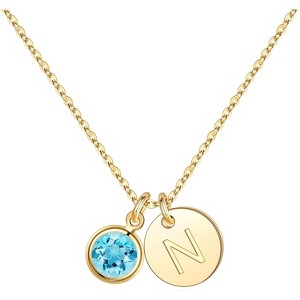 Personalized Birthstone Necklace 14K Gold Plated Initial Disc Jewelry Gift - 1 of 4
