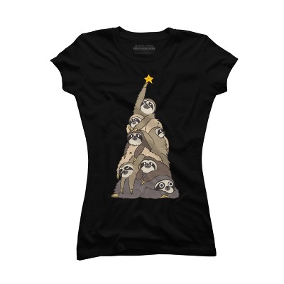 Junior's Design By Humans Christmas Tree Sloths By huebucket T-Shirt