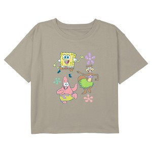 Girl's SpongeBob SquarePants Floral Dancing Friends Graphic Graphic Cropped T-Shirt - 1 of 3