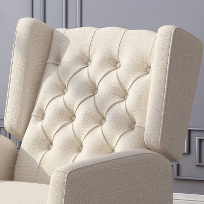 Light Beige Tweed Wingback Recliner with Dark Wood Legs