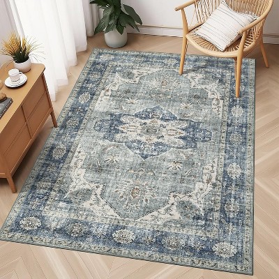 5x7 Washable Vintage Rug – Ultra-Thin Non-Slip Retro Medallion Carpet, Lightweight Floor Mat for Living, Bedroom, Dining, Home Office, Blue