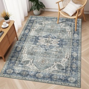 5x7 Washable Vintage Rug – Ultra-Thin Non-Slip Retro Medallion Carpet, Lightweight Floor Mat for Living, Bedroom, Dining, Home Office, Blue - 1 of 4