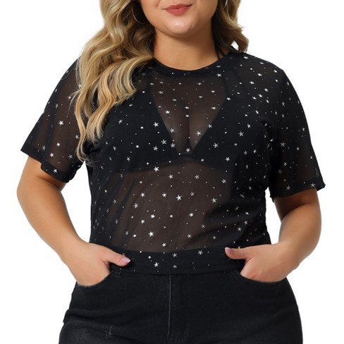 Agnes Orinda Women's Plus Size Silver Star Club Mesh Sheer Trendy Crop  Blouses Black 4X