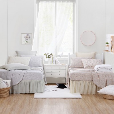 Twin Gray Cotton Ruffled Bed Skirt with Stripes