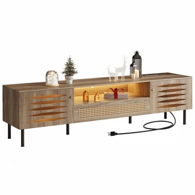 DOMETOUR 71 Inch TV Stand with LED Lights & Power Outlet, Mid-Century Modern Gaming Media Console with 2 Cabinets