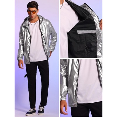 Lars Amadeus Men's Long Sleeves Shiny Party Metallic Hoodie Windbreakers Silver Medium — фото 4