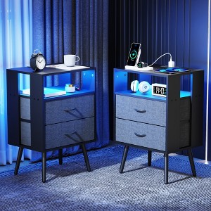 Dolonm 2 Pack Modern Nightstand with Charging Station, Bedside Tables with LED Light and Fabric Drawers,2-Layer Drawer - 1 of 4