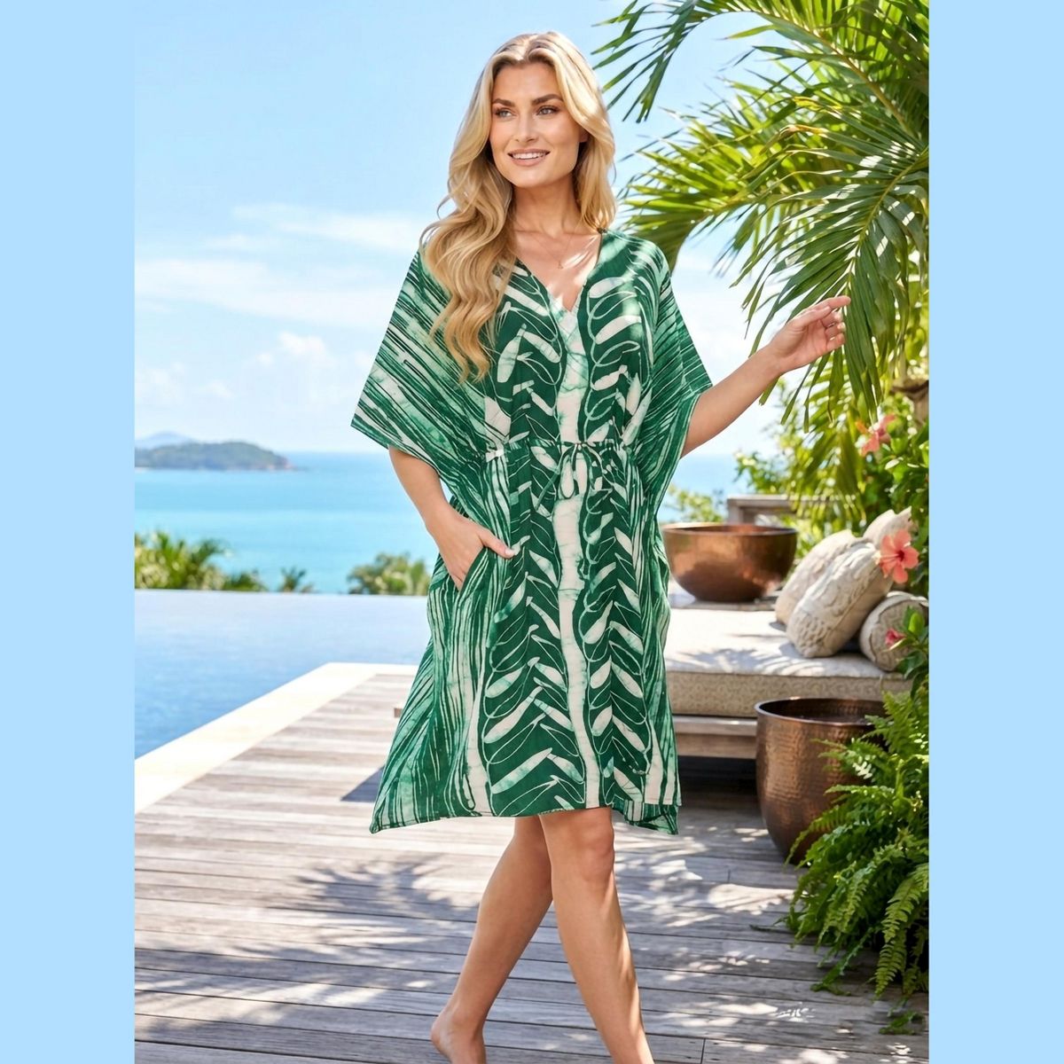 LA LEELA Summer Cotton Women Vacation Cover Up Dress Holiday Resortwear Cruise Pregnancy Wear Comfortable Lounge Style 2X-3X Green Leaf - thumbnail 5