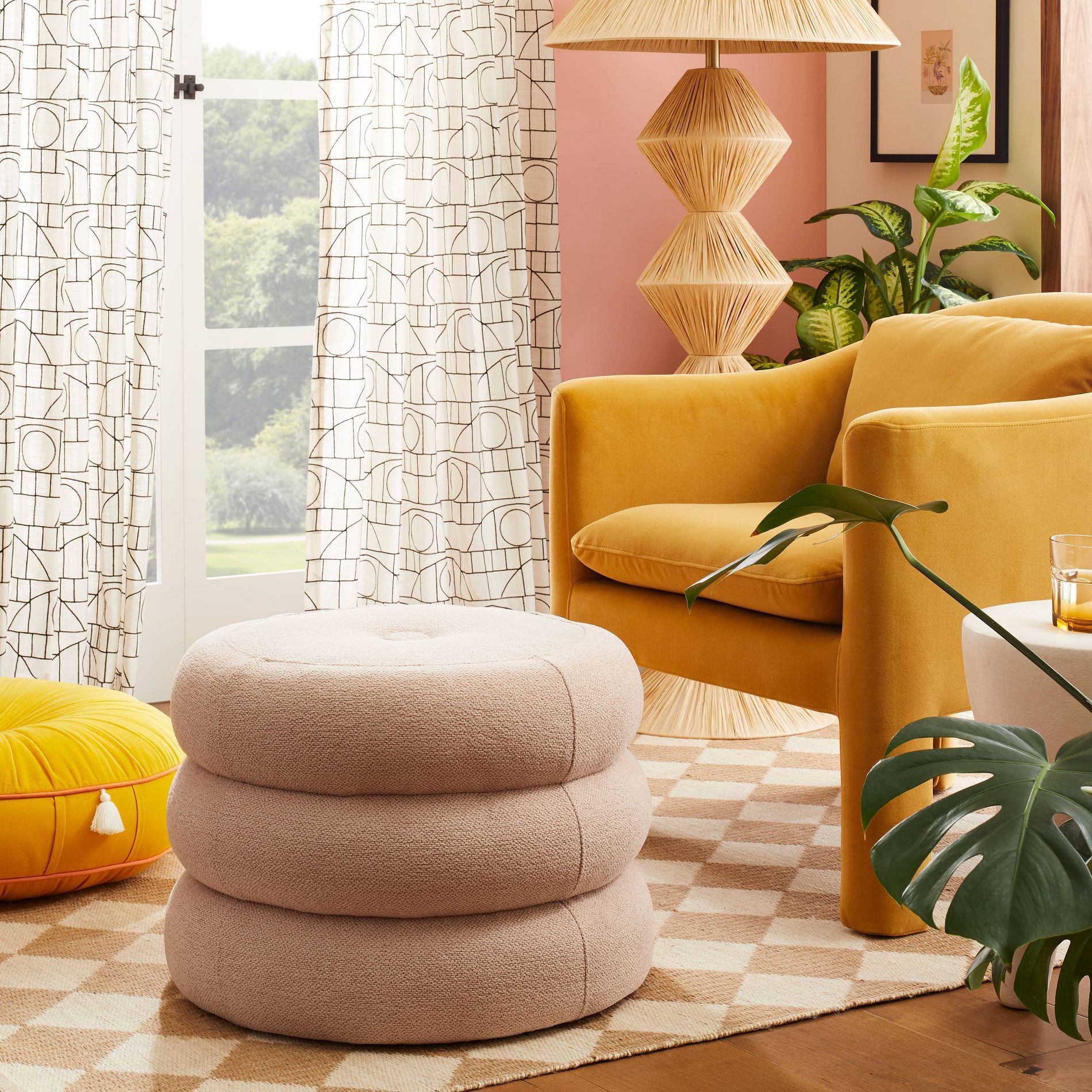 Molise Pouf Blush Fabric - Opalhouse™ designed with Jungalow™: Modern Round Upholstered Bench, No Assembly Required