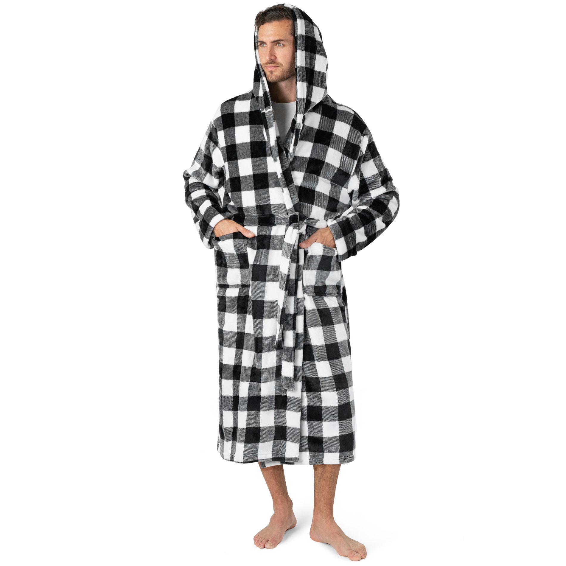PAVILIA Mens Robe, Hooded Soft Bathrobe for Men, Fleece Plush Warm Shawl Collar Hood Pockets for Bath Shower Spa (Plaid White With Hood, One Size)