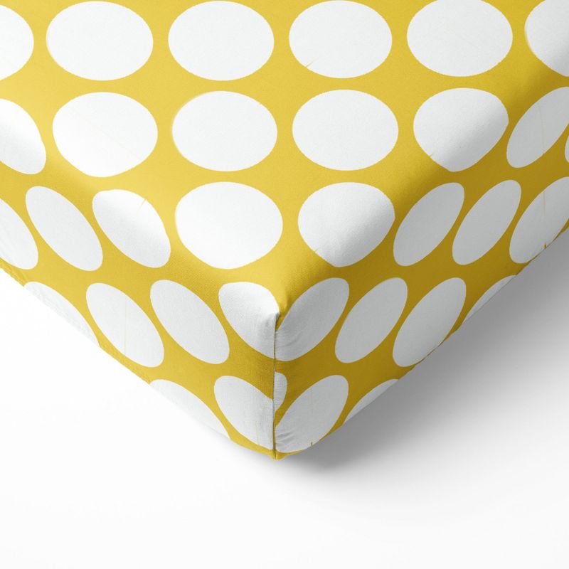 Bacati - Yellow Large Dots 100 percent Cotton Universal Baby US Standard Crib or Toddler Bed Fitted Sheet, 1 of 7