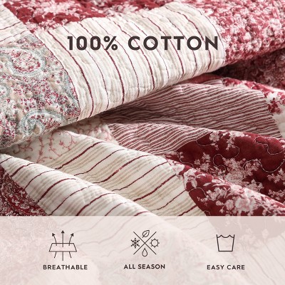 Celina Patchwork Red and Beige Cotton King Quilt Set