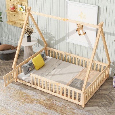 Full/Twin Size Floor Bed, Wooden Tent-shaped Platform Bed Frame with Guardrails, Slats and Door -Frevyn