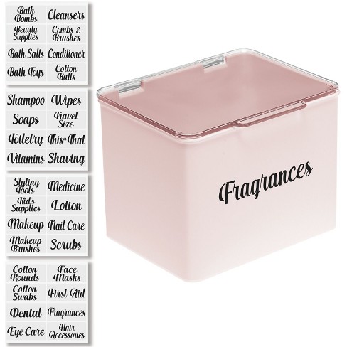 mDesign Stackable Plastic Bathroom Organizer Box, 4 Pack + 32 Labels - Pink