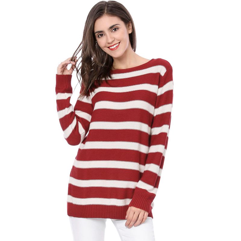 Allegra K Women's Long Sleeves Drop Shoulder Loose Striped Sweater, 3 of 7