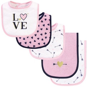 Hudson Baby Infant Girl Cotton Terry Bib and Burp Cloth Set 5pk, Love, One Size - 1 of 4