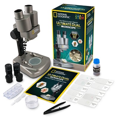 NATIONAL GEOGRAPHIC Dual LED Student Microscope, 50 Plus Piece Science Kit, 10 Prepared Biological & 10 Blank Slides, 10x-25x Optical Glass Lenses