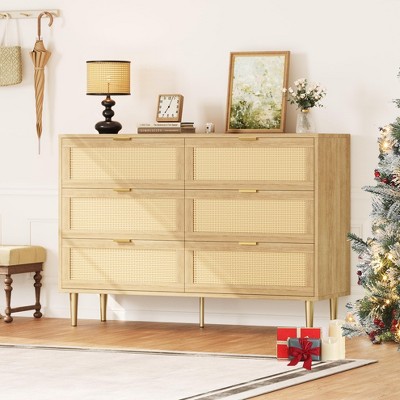 Whizmax Rattan 6 Drawer Dresser, Wooden Chest of Drawers with 5 Metal Legs, Golden Handles, Wide Double Drawer Dresser for Bedroom, Living Room