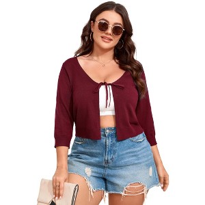 Women's Tie Front 3/4 Sleeve Rib Knit Bolero Open Front Cardigan Sweaters Shrug - 1 of 4