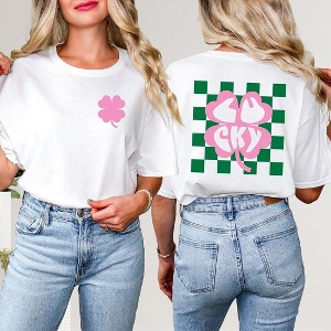 Simply Sage Market Women's Lucky Clover Checkered Front and Back Short Sleeve Graphic Tee - 1 of 2