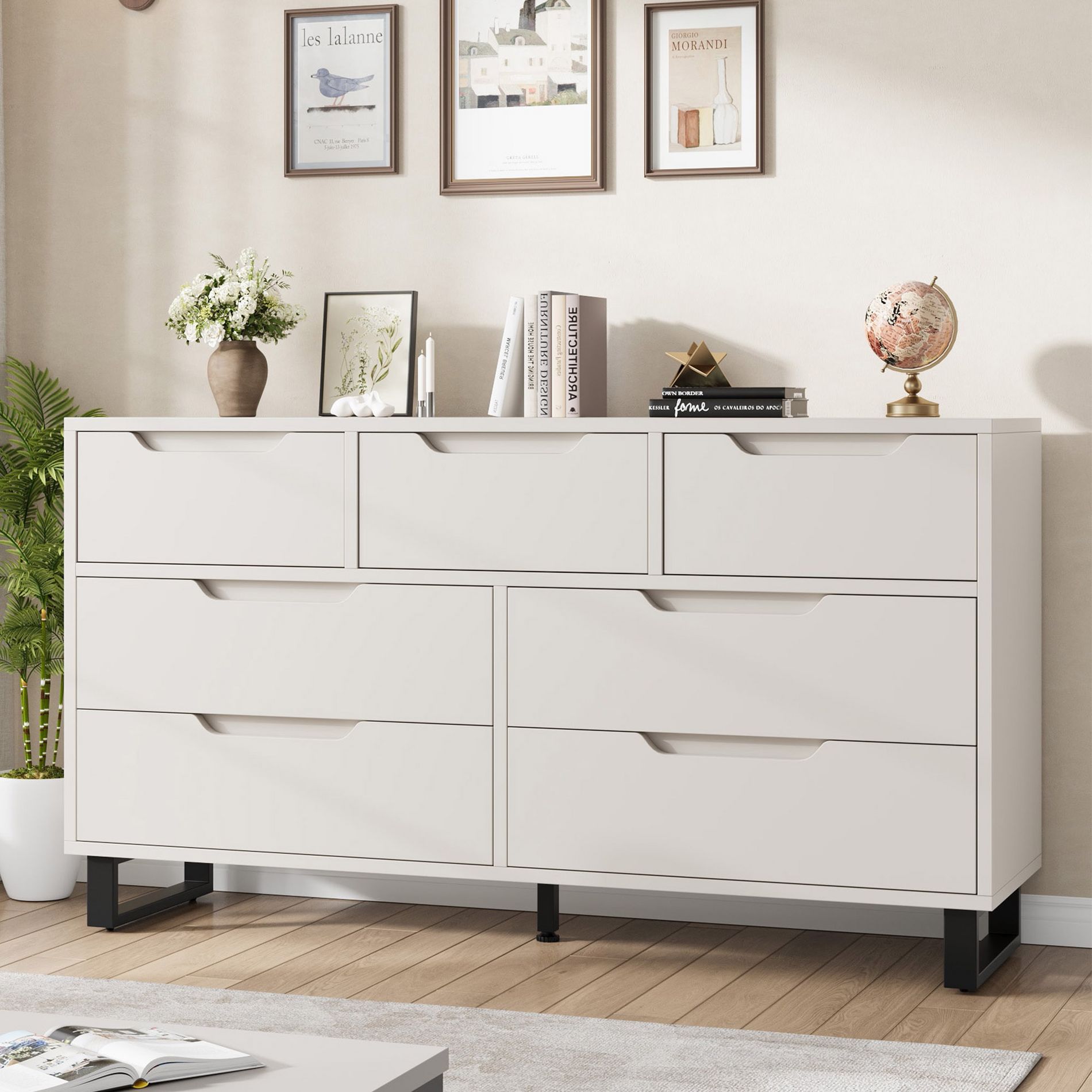 Garvee 7 Dresser for Bedroom, Freestanding 55" Wide Horizontal Drawer Dresser with Storage, Wooden Closet Chest Storage for Bedroom