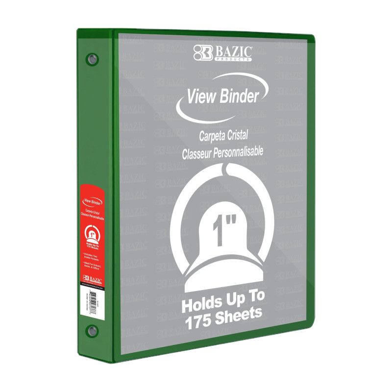 Bazic Products 3-Ring View Binder with 2 Pockets, 1", Green, 1 of 2