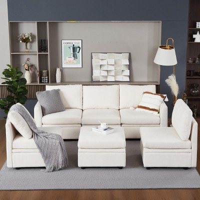 Acekool 6-Piece L-Shaped Sectional - Storage Ottoman, Chenille Fabric, Gray