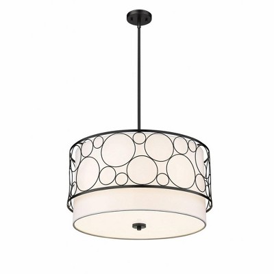 Elegant Transitional 24" Matte Black and Nickel Drum Pendant Light