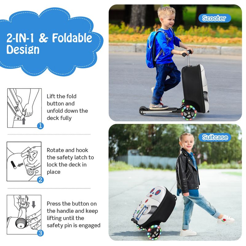 Costway 2-IN-1 Folding Ride on Suitcase Scooter with LED Wheels Brake System Kids toy Gifts, 5 of 11
