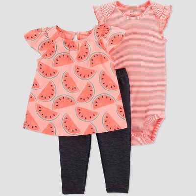 Baby Girls' 3pc Watermelon Top & Bottom Set - Just One You® made by carter's Coral 6M