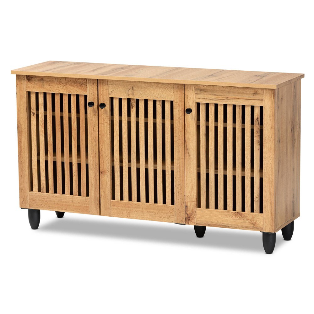 Baxton Studio Fernanda Wood 3 Door Cabinet Oak Brown/Black: Fixed Shelves, Shoe Organizer, 6-Tier Storage