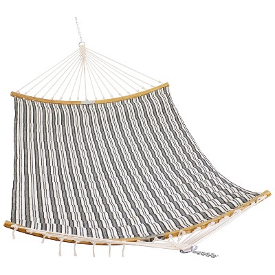Sunnydaze Polycotton 2-Person Hammock with Curved Bamboo Foldable Spreader Bars - 450 lb Weight Capacity - Neutral Stripe
