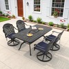 5-Piece Outdoor Dining Set, Cast Aluminum Rectangle Table with Swivel Chairs, Blue Cushions, Umbrella Hole - 3 of 4