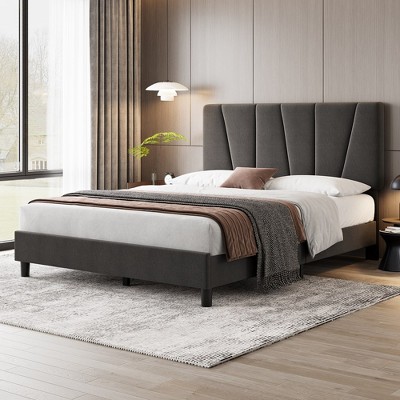Whizmax Four Size Bed Frame with Adjustable Headboard, Linen Upholstered Platform Bed Frame with Strong Wooden Slats, No Box Spring Needed, Gray