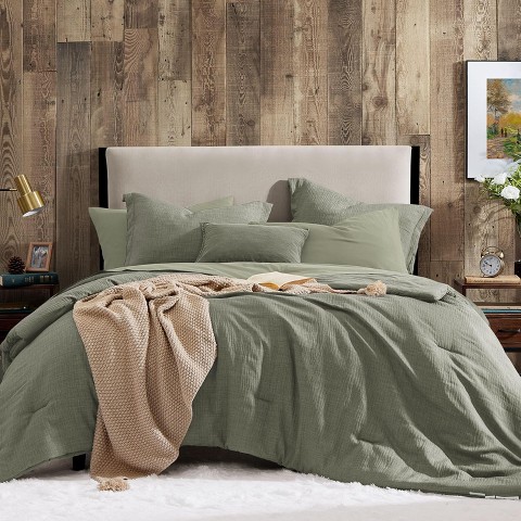 Der Rose BALHAM TRADE-King Size Comforter Set 7 Piece Dark Green Textured Soft Solid All Season Bed in a Bag Sage Green-King 102"x90"