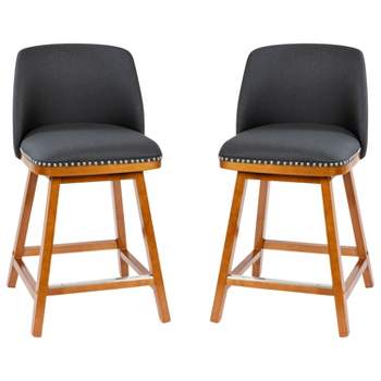 Merrick Lane Set of 2 Charcoal Faux Linen Upholstered 24" Counter Stools with Nail Head Accent Trim and Walnut Wood Frames