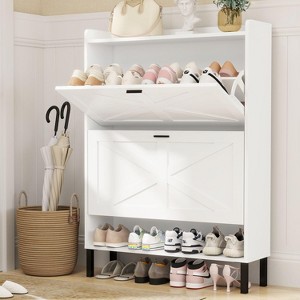 TIRAMISUBEST Modern Flip Drawer Shoe Storage Cabinet for Entryway and Hallway, Freestanding Organizer with Removable Partition ¨C White - 1 of 4