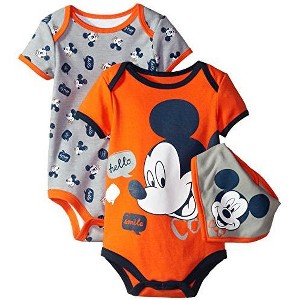 Disney Boys' 2-Pack Hello Mickey Mouse Short Sleeve Baby Bodysuit Creepers with Bandana Bib - Orange/Grey, 3-6 Months - 1 of 1