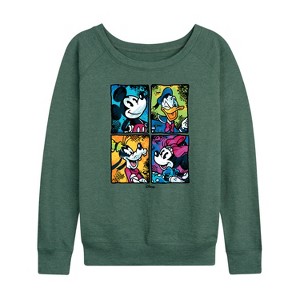 Women's - Disney - Mickey Friends Urban Grid Lightweight French Terry Wide Neck Long Sleeve Shirt - 1 of 4