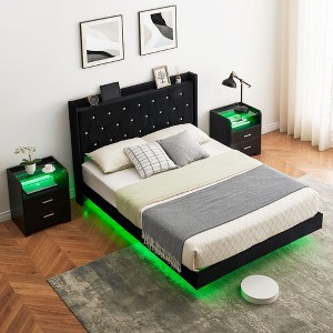 Nasitip Flannel Upholstered Floating Bed Frame with LED Light, Storage Headboard, Black - 1 of 4