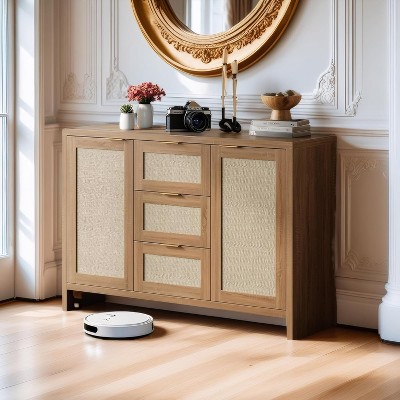 Modern Rattan Buffet Cabinet Sideboard with Storage,47" Boho Credenza Buffet Console Table with Drawers&Doors,Wooden Coffee Bar Cabinet