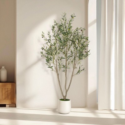 Romswi Faux Olive Tree with Oval White Planter, 6 FT Tall Faux Olive Trees, with Natural Wood Trunk Lifelike Fruits, Fake Greenry Plant for Home Decor