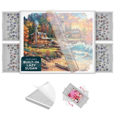1500 Piece Jigsaw Puzzle Table – 35”x28” Rotating Puzzle Board with 4 Drawers, Dual-Sided Cover, Portable Puzzle Table for Adults & Families