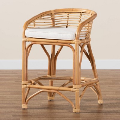 Tropical Oasis White Fabric and Natural Rattan Counter Stool