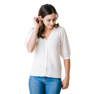 Hope & Henry Womens' Puff Sleeve Button Front Sweater, Womens, X-Small - 1 of 4