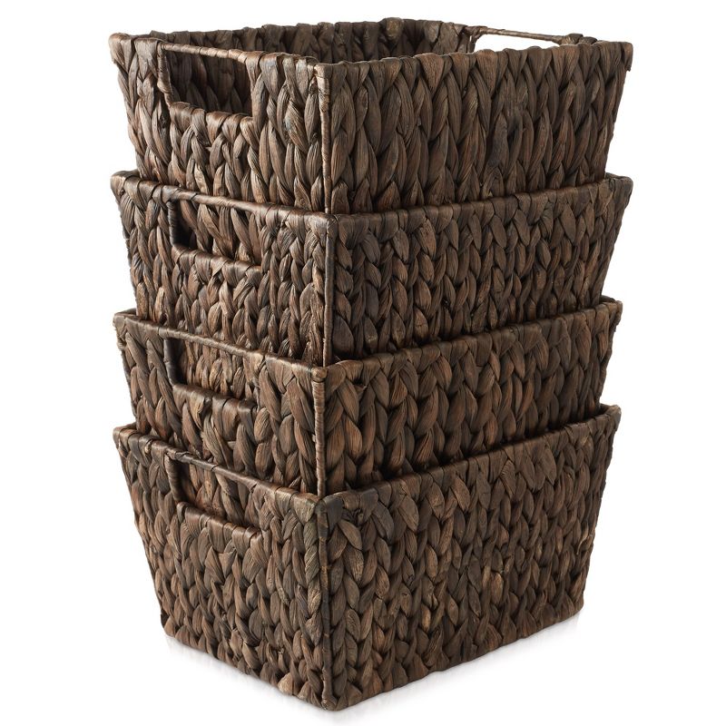 Casafield Set of 4 Water Hyacinth Storage Baskets with Handles, 12" x 9" x 6" Rectangular Storage Bins for Shelves, Blankets, Laundry Organization, 3 of 7