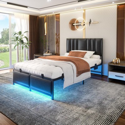 Aheaplus Headboards with LED Light, Height Adjustable Bed Frame with Headboard