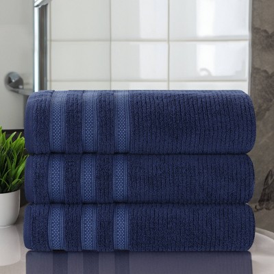 Navy Blue Cotton Ribbed Geometric Border Bath Towel Set of 3